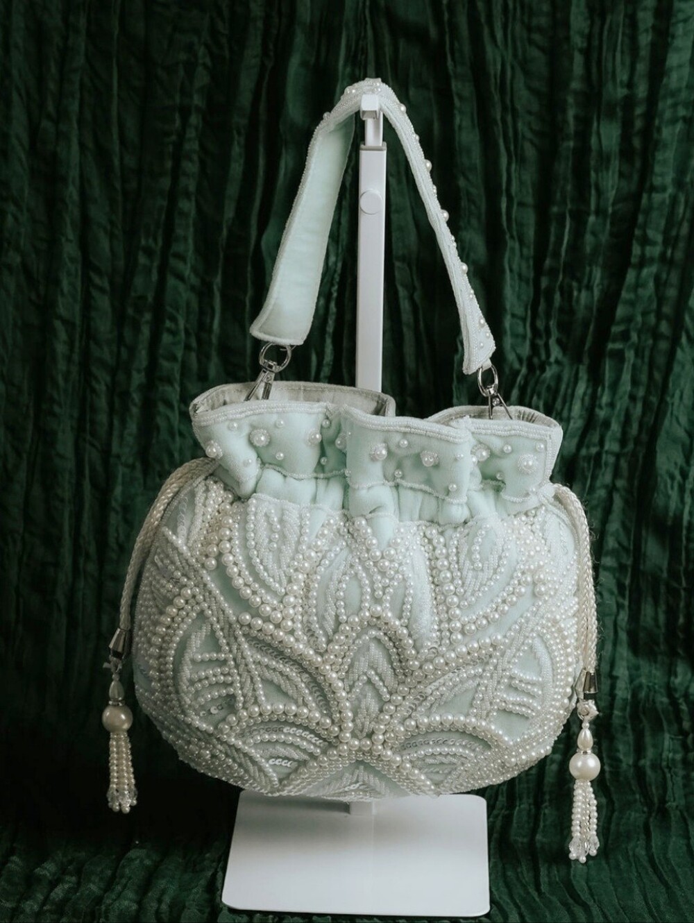 Pearl-Embellished Blush Drawstring Shoulder  Bag In 4 Colors. $80 Each.